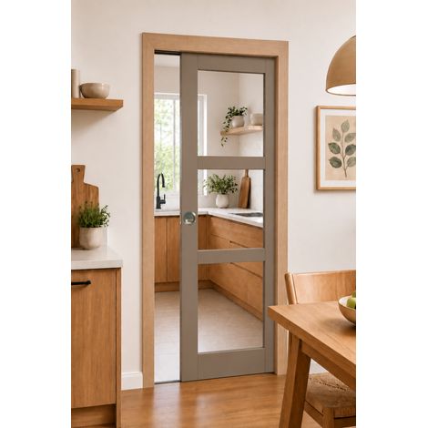 Porte Coulissante Gris Taupe Ral 7006 Vitrage Transparent H204 X L73 Cm, Galandage, Kit Finition (coquille Et Tire Doigt) Gd Menuiseries (1/4)