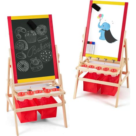 GOPLUS Chevalet Multifonctionnel avec Double Face, Tableau Noir et Blanc Magnetique en Bois avec Boîte de Rangement et Accessoires Educatif a Apprendre Les Mots et a Dessiner pour Enfants (1/5)