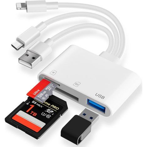 Adaptateur Carte SD USB pour iPhone, Lightning USB A/C Lecteur Carte SD pour SD/Micro SD/USB, Lecteur de Carte mémoire, Prend en Charge SDHC/SDXC (1/5)