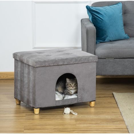 Casa para gatos 60x45x44.5 cm, taburete 2 en 1 con cojín, apertura frontal, patas elevadas, MDF gris (1/5)