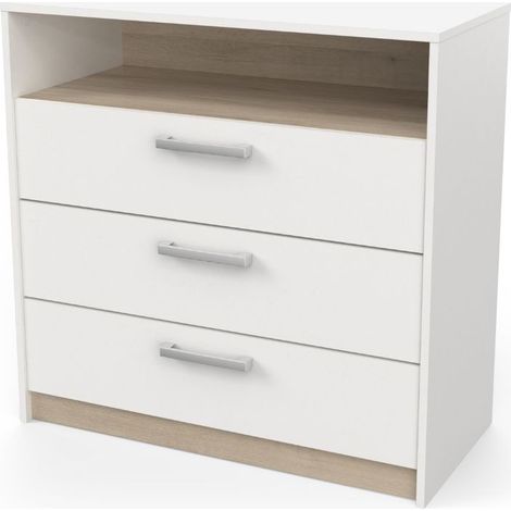 Cómoda Watson 3 Cajones y 1 Estante en Blanco y Roble Kronberg Melamina 81 cm - Mueble Funcional (1/4)