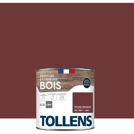 Tollens – Peinture bois extérieur satin rouge basque RAL 3004 0,5L – Ultra résistante aux intempéries – Rendement 16m²/L – Application directe sans sous-couche