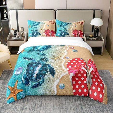 Housse de Couette Tortue de Mer 240x260, Parure de Lit Thème de Plage Côtière, Ensemble de Literie Crabe Étoile de Mer, (1/5)