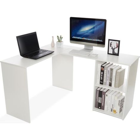 Bureau d'angle avec Rangement 2 Étagères,bureau informatique, bureau d'ordinateur, Bois, Blanc-Mondeer