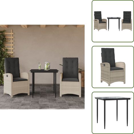 Rattanstuhl - vidaXL 3-tlg. Garten-Essgruppe mit Kissen Hellgrau Poly Rattan - Sitzkissen