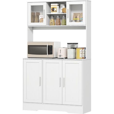 Meuble de cuisine, design scandinave, 4 placards, étagères réglables, portes vitrées, plan de travail ouvert, panneaux de particules, MDF, blanc