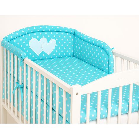 Tour de lit universel pour barreaux - Cœurs, pois blancs sur fond turquoise (1/4)
