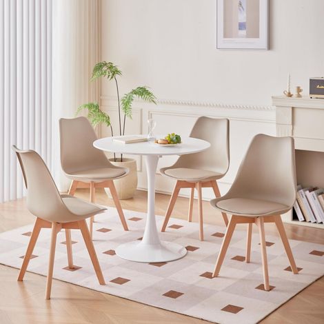 Runder Esstisch mit 4 Stühlen, weißer Tisch, beige Stühle, skandinavisches Design (1/4)