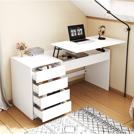 Escritorio regulable en altura de 120x50 cm con 4 cajones, tocador y mesa para ordenador, blanco. (1/5)