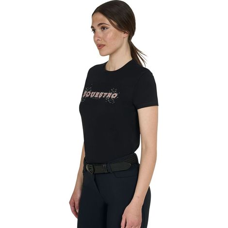 M, Nero: T-shirt da donna a manica corta in cotone con una stampa e strass (1/4)