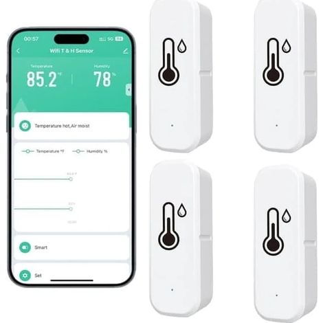 【03】Lot de 4 thermomètres et hygromètres sans fil – Appareil intelligent WiFi de mesure de la température et de l'humidité avec application, notifications et surveillance à distance (blanc) (1/5)