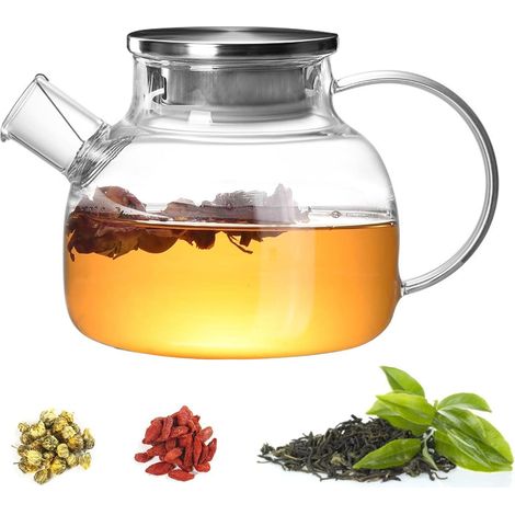 Théière 1000ml Verre Borosilicate, Tamis Inox Amovible, Résistante Chaleur, Thé Feuilles/Fleurs/Vrac (1/5)