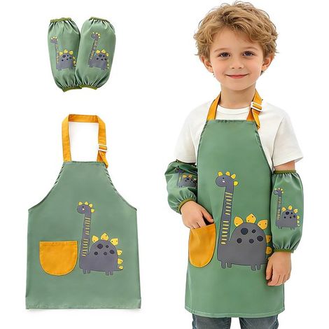 Set composto da grembiule e maniche regolabili e impermeabili per bambini. Grembiule da cucina con tasche per bambini e bambine, ideale per cucinare, preparare dolci, dipingere e fare giardinaggio. (1/5)