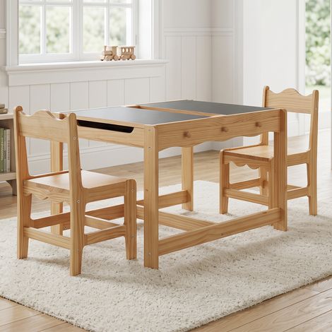 Wahson Kindersitzgruppe aus Kiefernholz aus1 Kindertisch mit 2 Stühlen, Maltisch mit wendbarer Tischplatte und Stauraum für Kinderzimmer/Kindergarten, Naturholz (1/5)