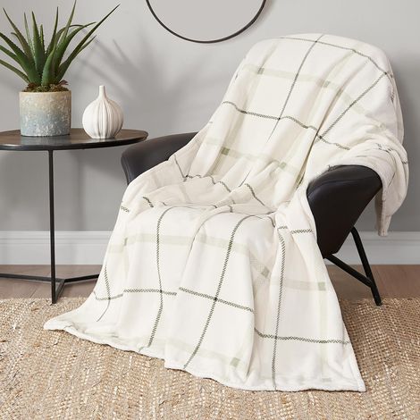 Blanc Palm Valley avec motif à carreaux vert sauge 130 x 150 cm Couverture en peluche confortable - Un plaid en microfibre haut de gamme luxueux et confortable