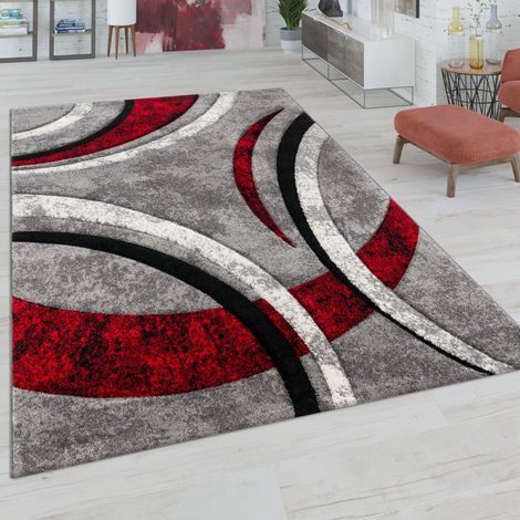 Paco Home Teppich Wohnzimmer Kurzflor Vintage Handgearbeiteter Konturenschnitt 3D Optik 80x150 cm, Grau-Rot