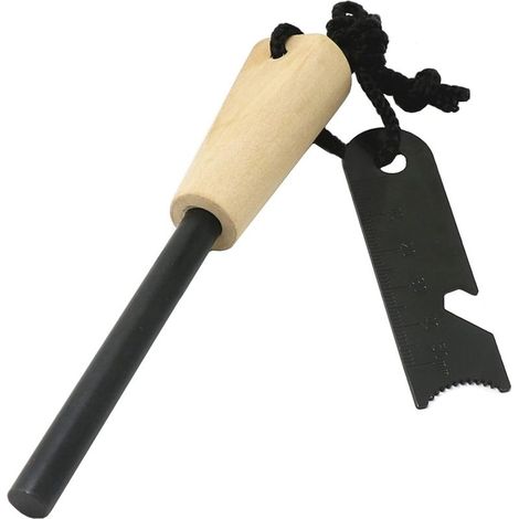 Briquet à silex, kit briquet à silex naturel, tige de magnésium et manche en bois, briquet de camping, d'extérieur et de survie (manche plat en bois)