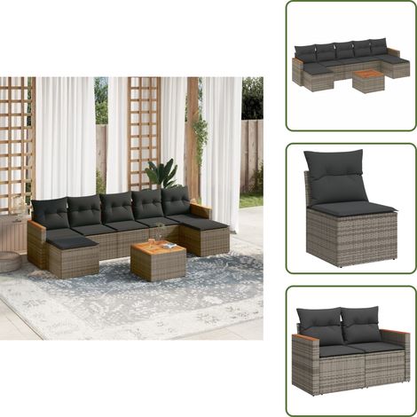 The Living Store 8-tlg. Garten-Sofagarnitur mit Kissen Grau Poly Rattan - Gartenmöbel Set - Lounge Set - Rattan Gartenmöbel - Outdoor Möbel - Balkonmöbel