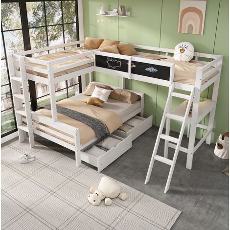 Letto a castello per bambini in legno massello bianco/rovere 140x200 e 2x 90x200 cm con scrivania e cassetti (1/5)