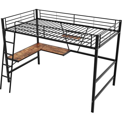 Cadre de lit 90x200 cm en métal, lit mezzanine avec bureau en L et une étagère pour enfants, adolescents et adultes, noir (1/5)