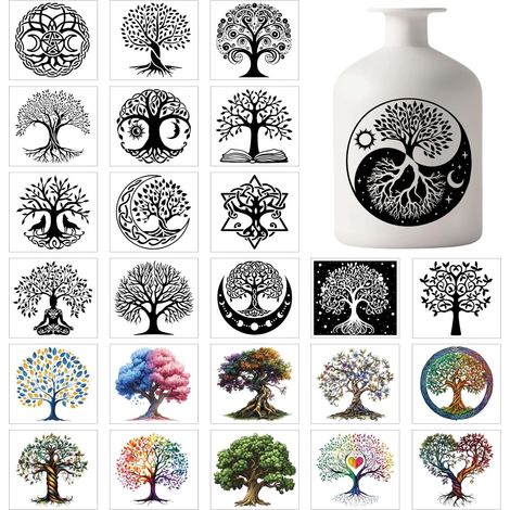 25 Feuilles Arbre de Vie Coloré Autocollants de Bocal en Verre Décalcomanies Phases de la Lune Bouddha Autocollants en Plastique Autocollant Adhésif pour Lanterne Fenêtre Lampe Verre Tasse