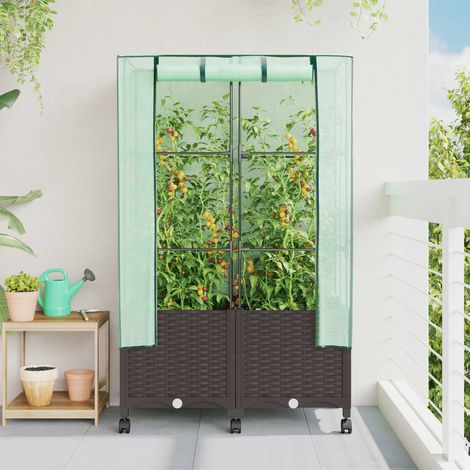Teenpull – Gartenplanter mit Gewächshausabdeckung und Rädern 2 Stk. Braun (1/5)