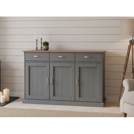 Dmora Buffet à 3 portes et 3 tiroirs, en pin massif peint en gris avec plateau et finitions marron, 131x45x86 cm (1/5)
