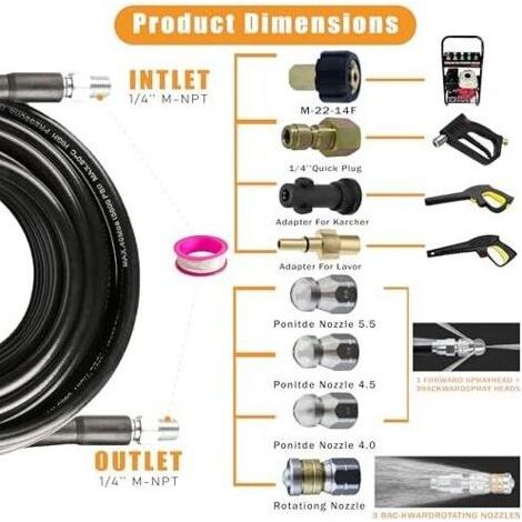 10 m Abflussreinigungsset, kompatibel mit Kärcher K2-K7, Lavor, Bosch Hochdruckreinigern, 400 bar / 5800 PSI, universell für verstopfte Abflüsse, Dachrinnen und Fallrohre (1/4)