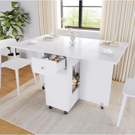 Table à manger pliante MDF blanc 120x75x75 cm, avec rangements, 2 tiroirs et 6 roulettes, pour 2 à 4 personnes (1/5)