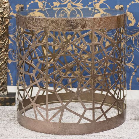 Table d'appoint ronde 50 cm en verre et métal bronze antique