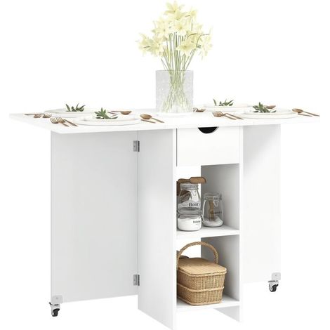 Table à manger pliable pour 2-4 personnes, table de cuisine extensible avec rangement sur roulettes, couleur blanche (1/5)