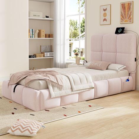 Bett im Märchenstil aus Samt Rosa 90x200 cm mit gepolstertem Kopfteil, Lattenrost, hydraulischem Stauraum und USB-C (1/5)