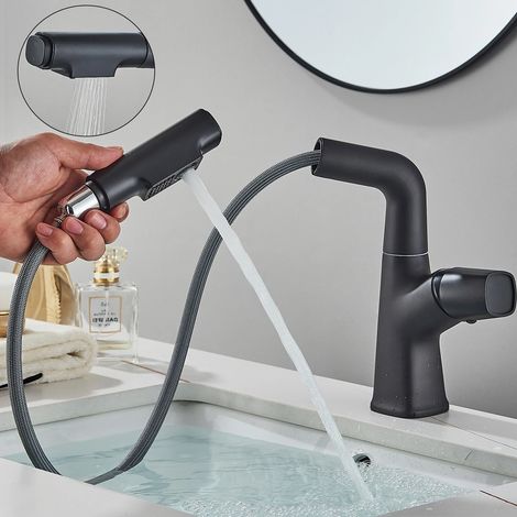 Mitigeur Lavabo Noir avec Douchette Extensible,Robinet Salle de Bain Réglable en Hauteur , Robinet Noir pour Vasque levier