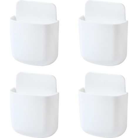 Set of 4 self-adhesive white plastic wall-mounted storage boxes for remote controls and phones (1/5)