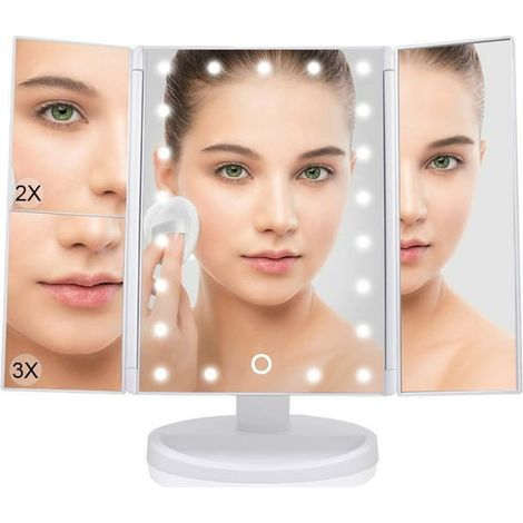 Miroir de Maquillage Lumineux avec 21 LED, Miroir de Coiffure Pliable 3X/2X/1X avec Écran Tactile, Miroir de Table Cosmétique à Triple Pliage pour Yeux (1/5)