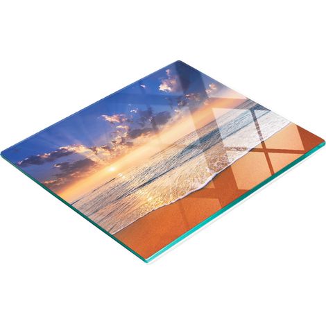 Elegante e resistente tagliere da cucina in vetro con motivo sole e mare, 60x52 cm. (1/5)