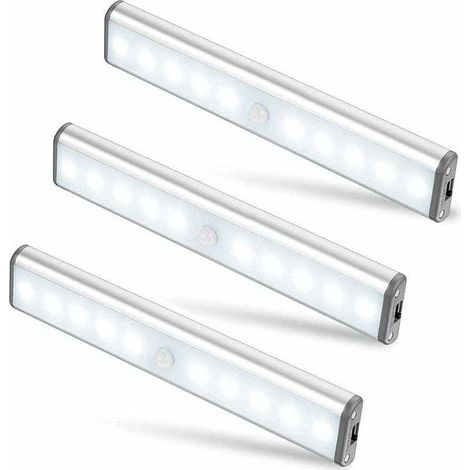 Lot de 3 Lampes 10 LED, Sans Fil, Rechargeable par USB, Aimant, Dtecteur de Mouvement, 2 Modes dclairage, Portable. Lumire de Placard, Baladeuse de Secours, Veilleuse Enfant (1/5)
