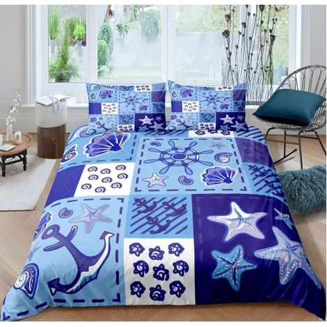 Anchor Parure de Lit 240x260cm Thème Nautique Housse de Couette Dessin animé Starfish Sets de Housse de Couette Blue Ocean - MHV (1/4)