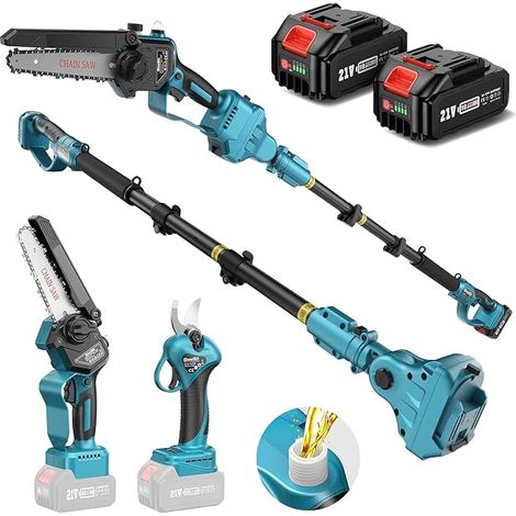 SEESII P6 Combo 6 Zoll Mini Kettensäge mit Teleskopstange & 33 mm Elektro Gartenschere, 4-in-1 Gartenwerkzeug Set mit 2 x 4000mAh Batterien, Maximale Reichweite bis 4,57 m, 30 ml Öltank (1/5)