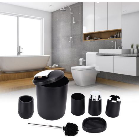 Sechsteiliges Badezimmer-Set, Hotelbadezimmeraccessoires, galvanisierter Abfalleimer mit Deckel, Zahnbürste, Becher, Seifenschale, Toilettenartikel-Set, schwarz. (1/5)