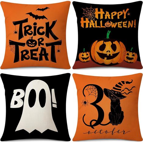 Fundas de cojín de Halloween de 45 x 45 cm, juego de 4 - Funda de cojín de Acción de Gracias con estampado de lino para sofá o sala de estar. (1/5)