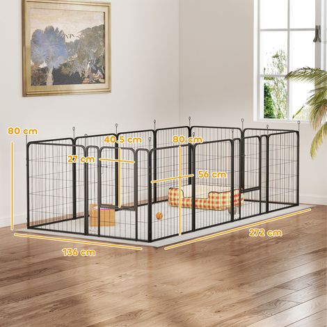 Parc modulaire pour chien avec 12 panneaux, 68 x 1,5 x 80 cm, structure en acier noir, avec porte d'entrée. (1/5)