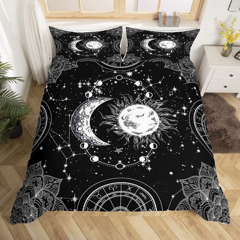 Parure de lit motif soleil et lune 135 x 200 cm Constellation Housse de couette pour enfants garçons filles adolescents psychédélique bohème Mandala ciel Noir blanc (1/5)