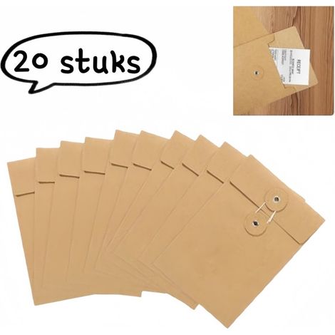 Lot de 20 enveloppes en papier kraft style vintage, fermeture à bouton et ficelle, idéales pour le courrier, les cartes postales, les factures et les invitations. Format vertical, 11,5 x 17 cm, marron (1/5)
