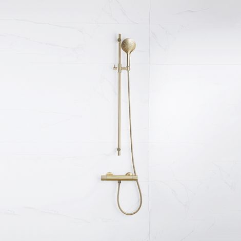 Fortifura Calvi Ensemble de douche barre curseur avec douchette ronde, flexible en métal et robinet de douche Laiton brossé PVD (1/5)