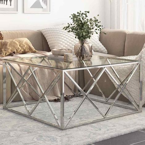 vidaXL Table basse argenté acier inoxydable et verre trempé (1/5)