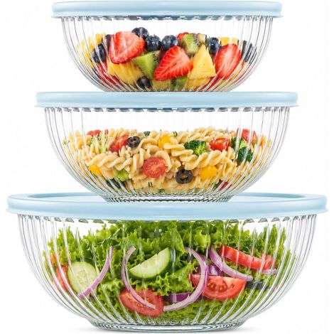 Bols à Mélanger Avec Couvercles Lot de 3 (3.5L, 2L, 1L), Gigognes en Verre, Grands Bols à Salade, Transparents pour la Cuisine (1/5)