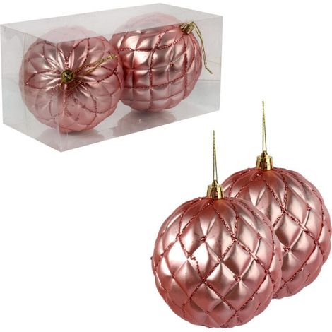 Set di 2 palline di Natale opache da 10 cm, rosa con decorazione glitterata. (1/5)