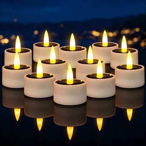 Lot de 12 Bougies LED Solaires Étanches, Forme Balle avec Effet Vacillant, Lumière Blanc Chaud et Batterie Rechargeable Ni-MH (1/5)