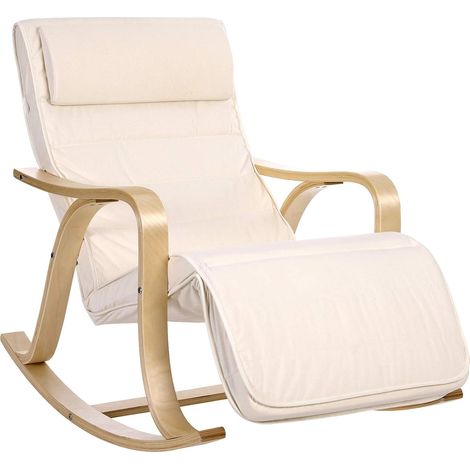 Sedia a Dondolo con Poggiagambe, Poltrona Oscillante, Sedia a Sdraio, Struttura in Legno di Betulla, Fodera in Cotone Sfoderabile, 67 x 125 x 91 cm, Carico Massimo di 150 kg, Beige (1/5)